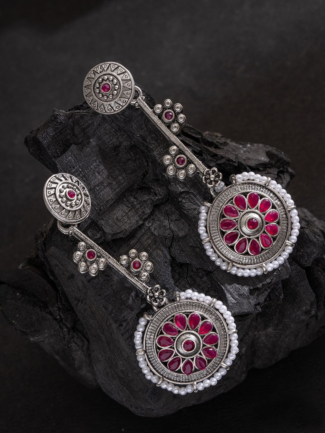 

PANASH Silver-Plated Stones Studded Contemporary Shaped Oxidized Drop Earrings