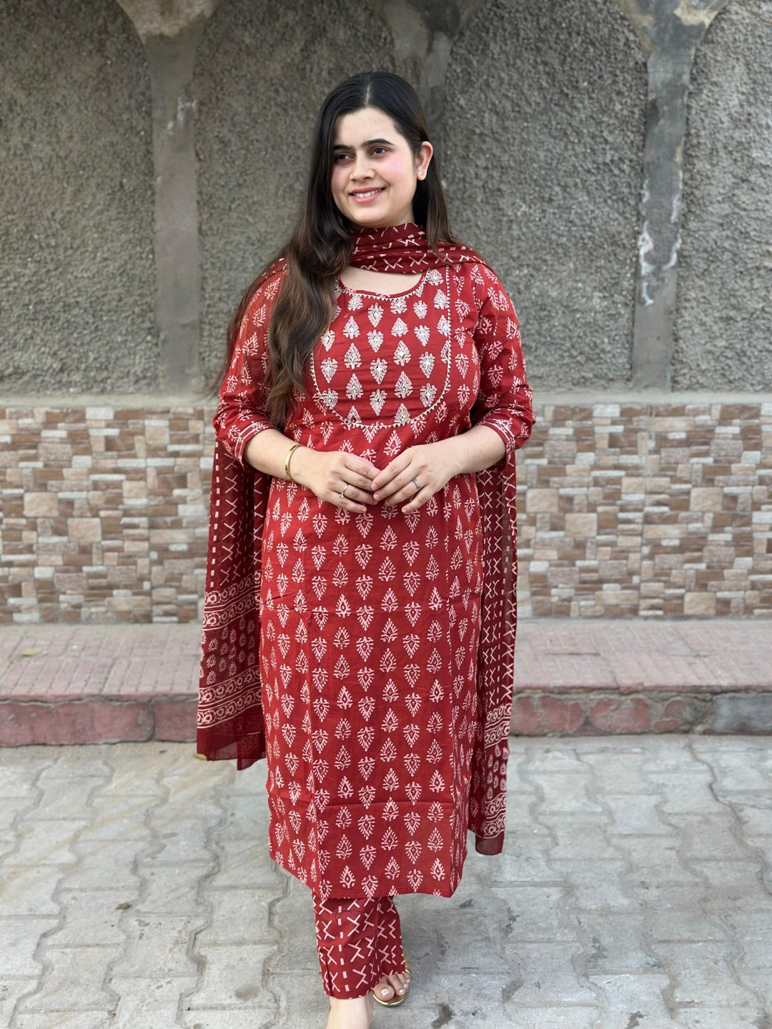 

Vijaylaxmi Ethnic for Everyday Floral Printed Pure Cotton Kurta With Trousers & Dupatta, Red