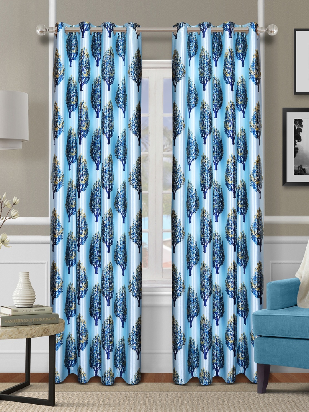 

Aura Blue & Yellow 2 Pieces Tree Printed Room Darkening Door Curtains