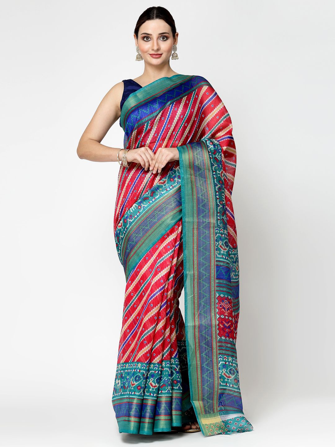 

RAJUL Striped Printed Ready to Wear Saree, Pink