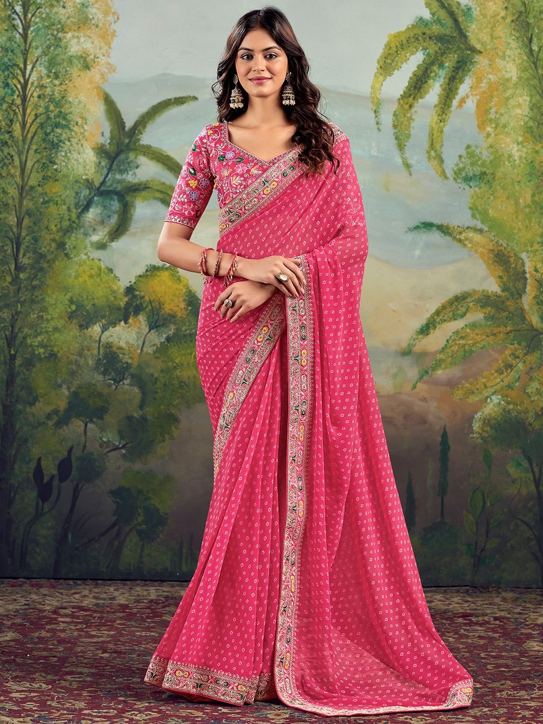 

Satrani Bandhani Embroidered Pure Georgette Bandhani Saree, Pink