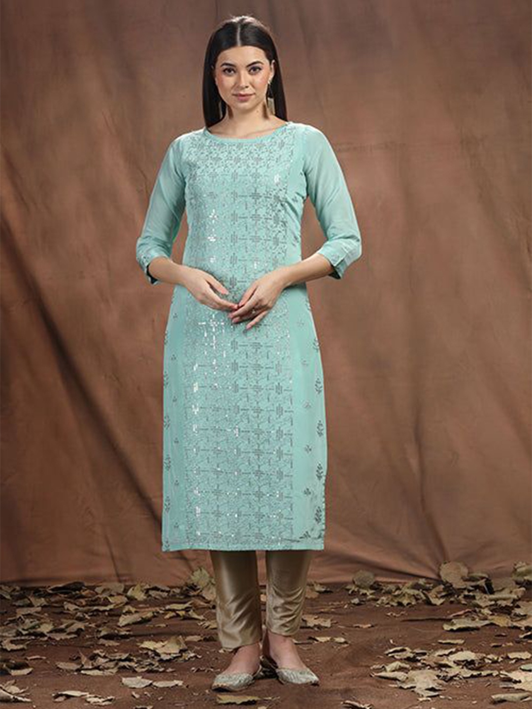 

FREYAA Printed Sequined Kurtas, Turquoise blue