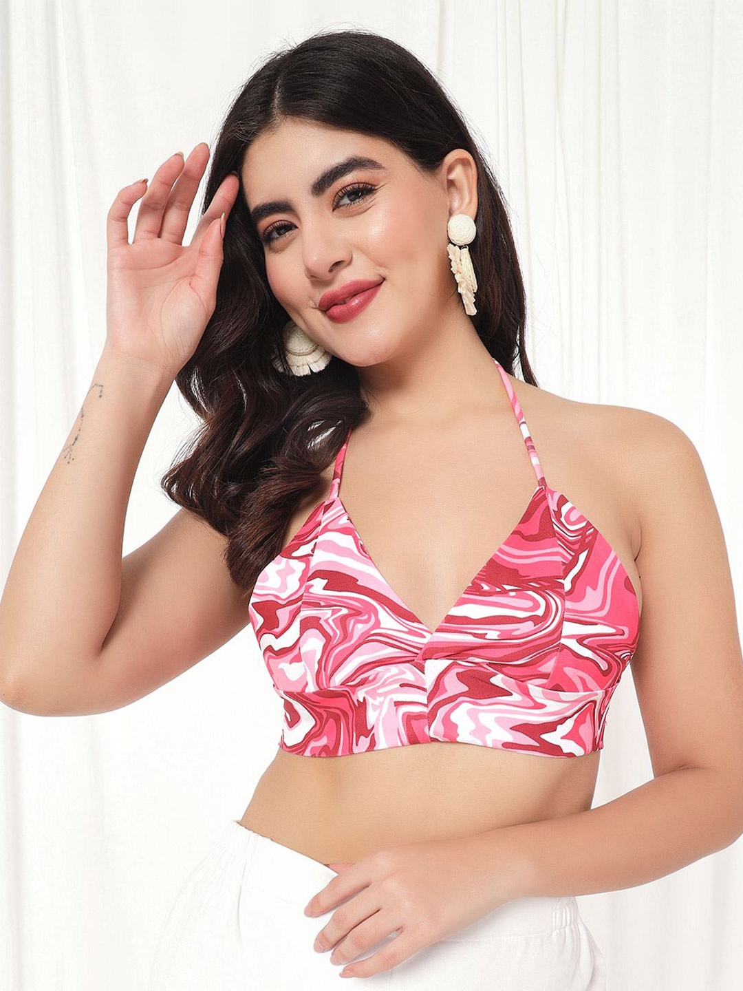 

TANDUL Floral Print Halter Neck PU Coated Bralette Top, Pink