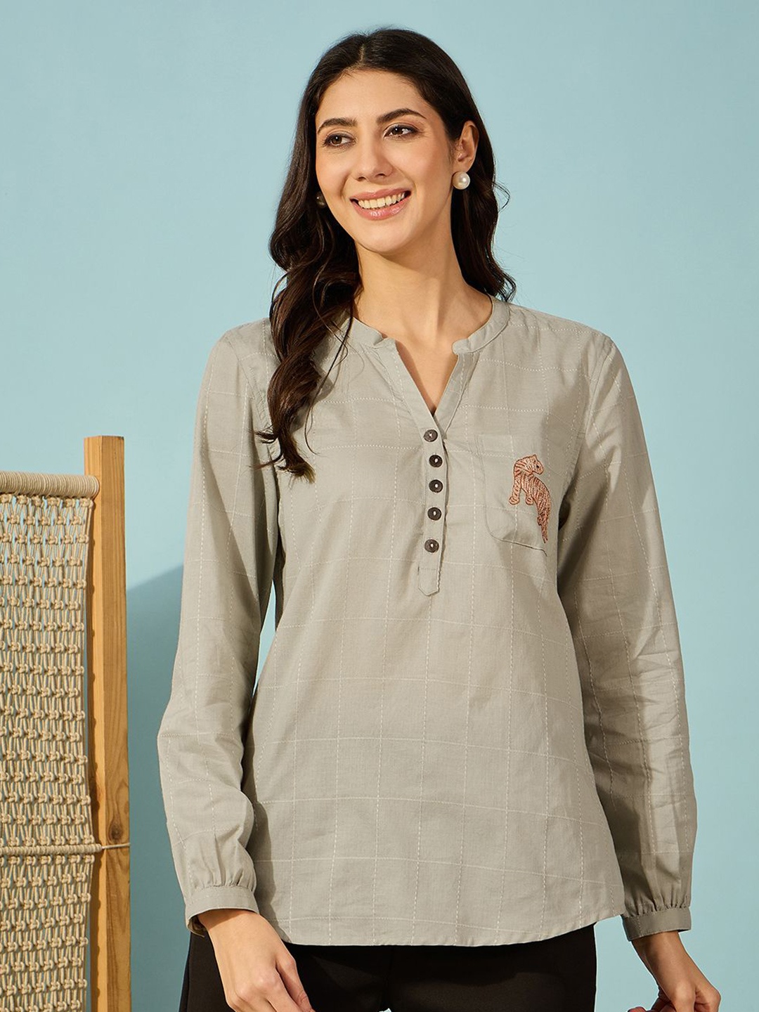 

The Kaftan Company Women Embroidered Mandarin Collar Shirt Style Top, Grey