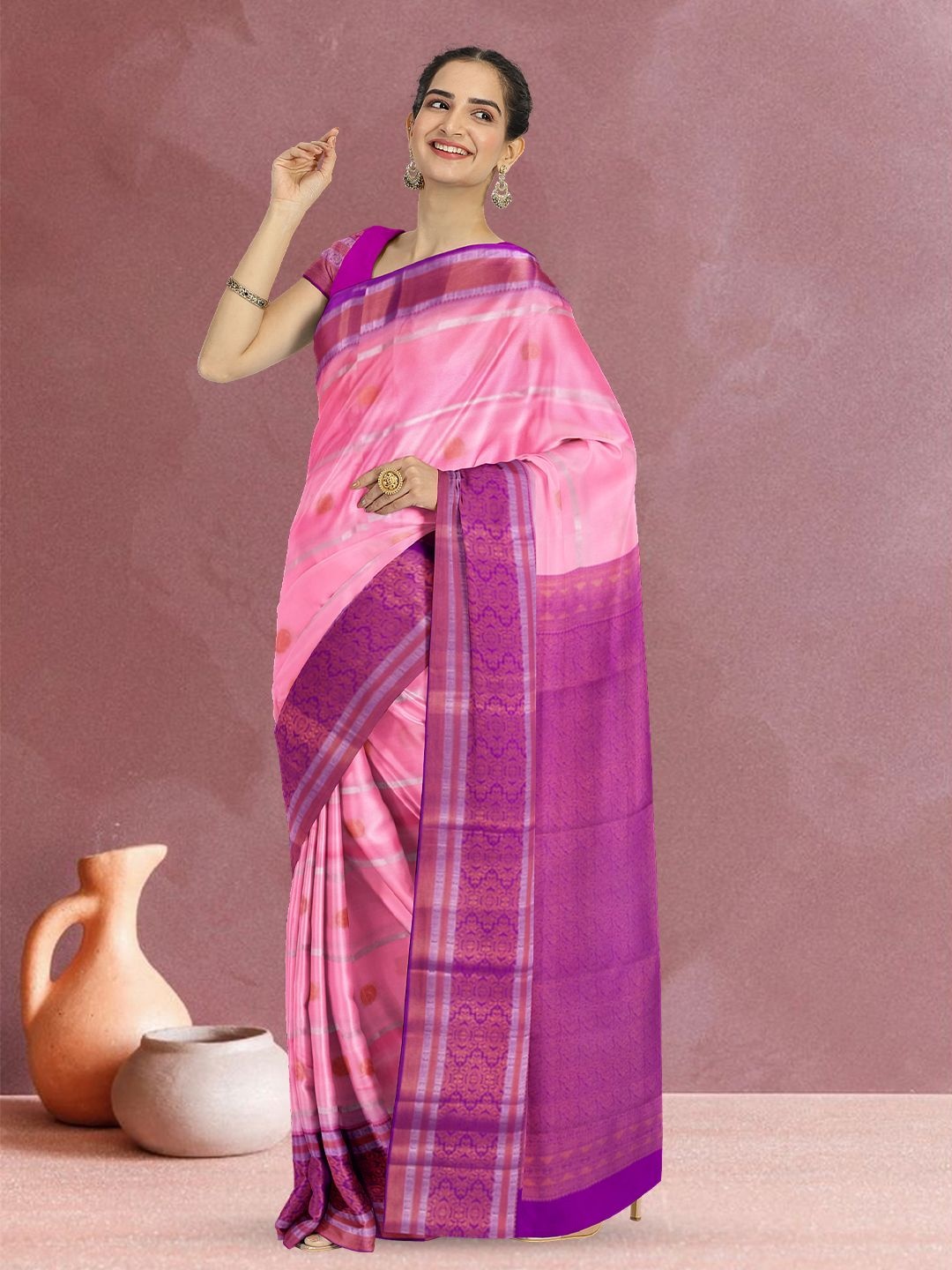 

Avishya Woven Design Zari Silk Blend Kanjeevaram Saree, Pink