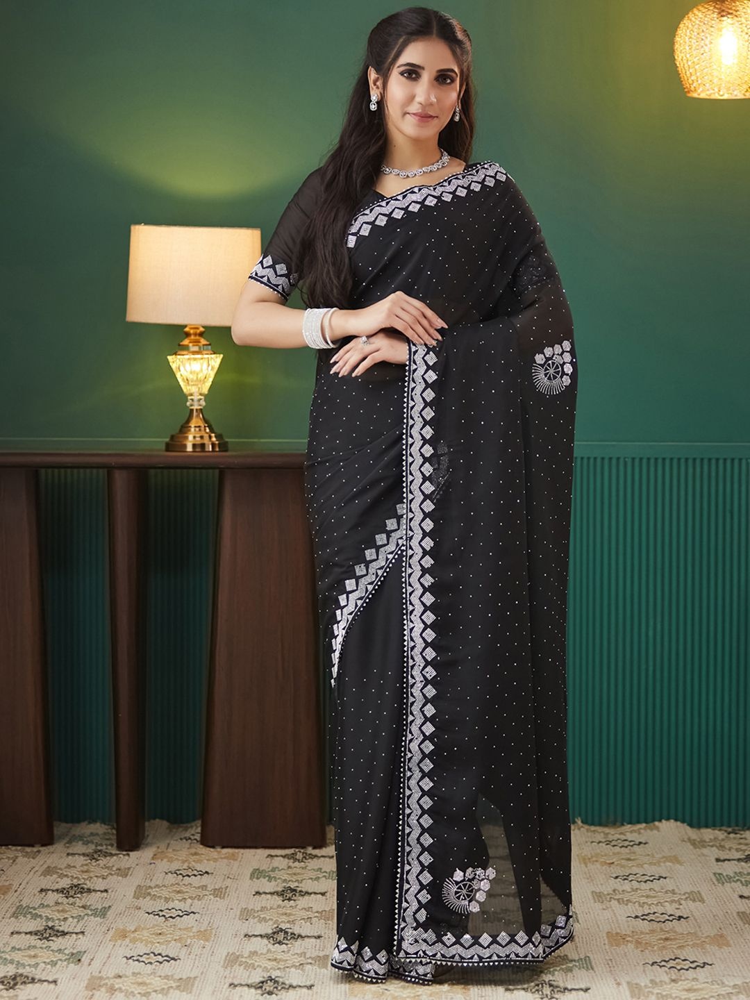 

Satrani Embellished Beads and Stones Pure Georgette Saree, Black