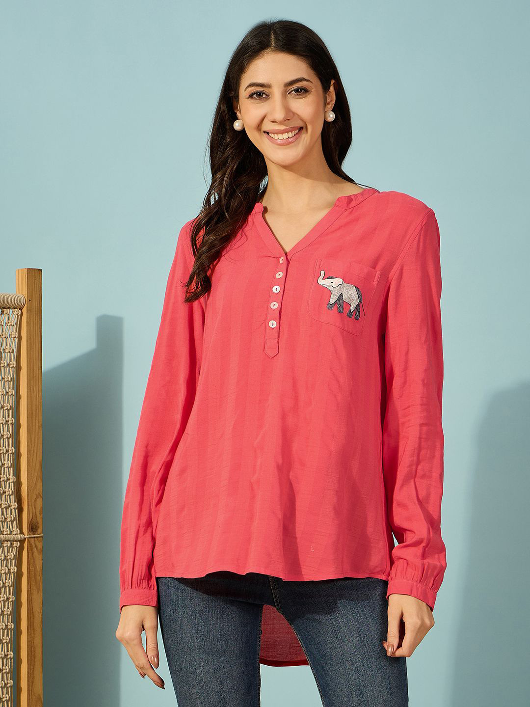 

The Kaftan Company Women Graphic Embroidered Shirt Style Top, Red