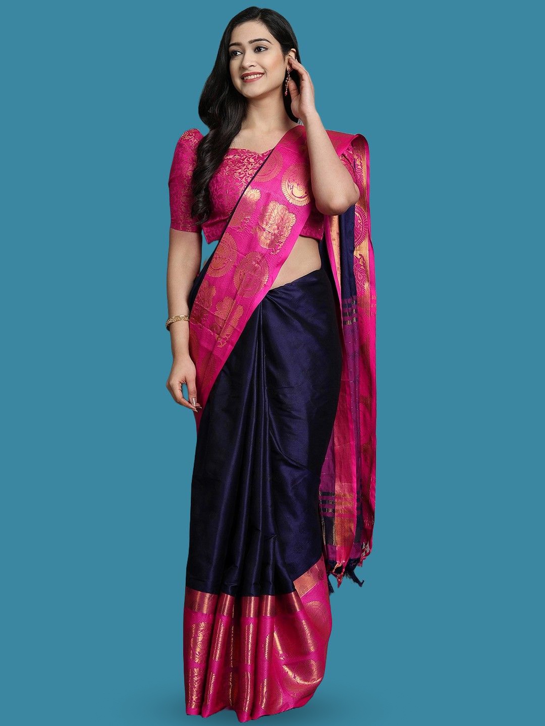 

Yourwish Ethnic Motifs Zari Gadwal Saree, Navy blue