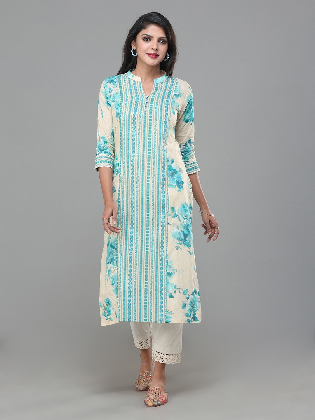 

Vismay Floral Printed Cotton Kurta, Beige