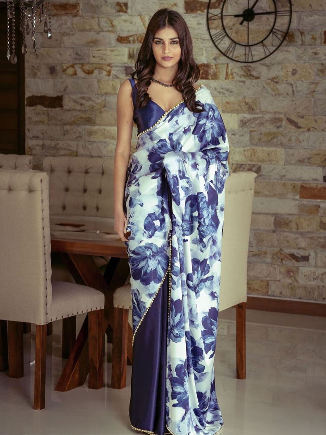 

A TO Z CART Floral Print Satin Saree, Navy blue