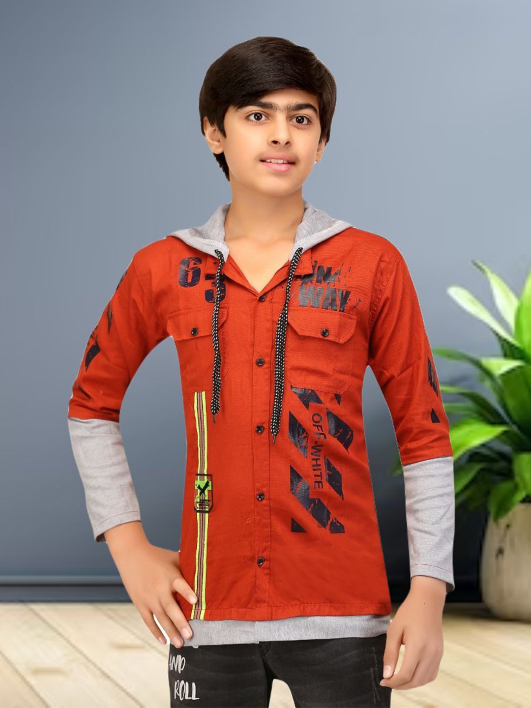 

FASHION GRAB Boys Classic Hood Multi Striped Cotton Casual Shirt, Orange