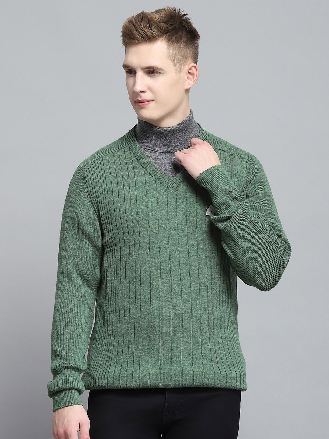 

Monte Carlo Men Striped Woollen Pullover, Green