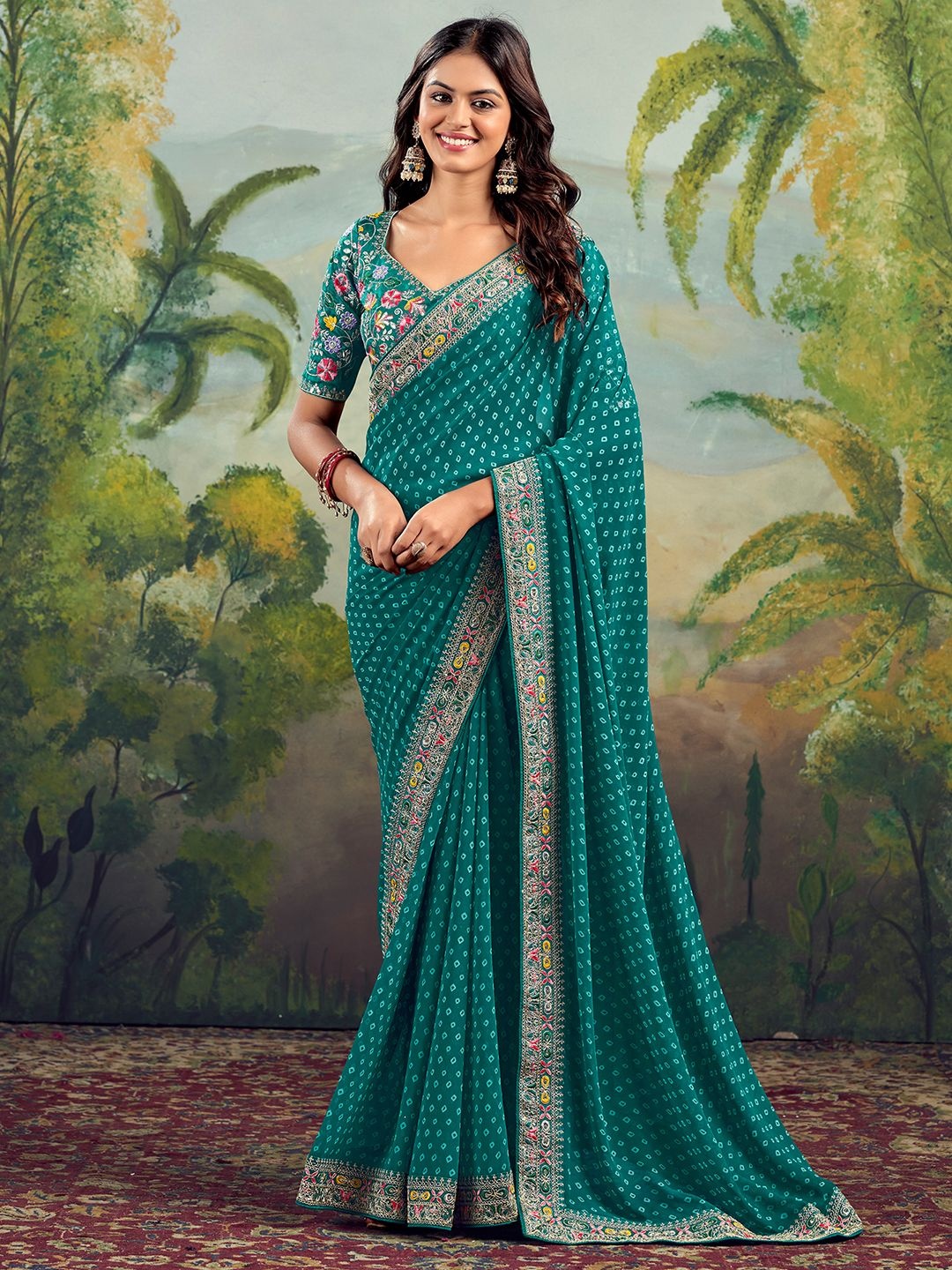 

Satrani Bandhani Embroidered Pure Georgette Bandhani Saree, Green