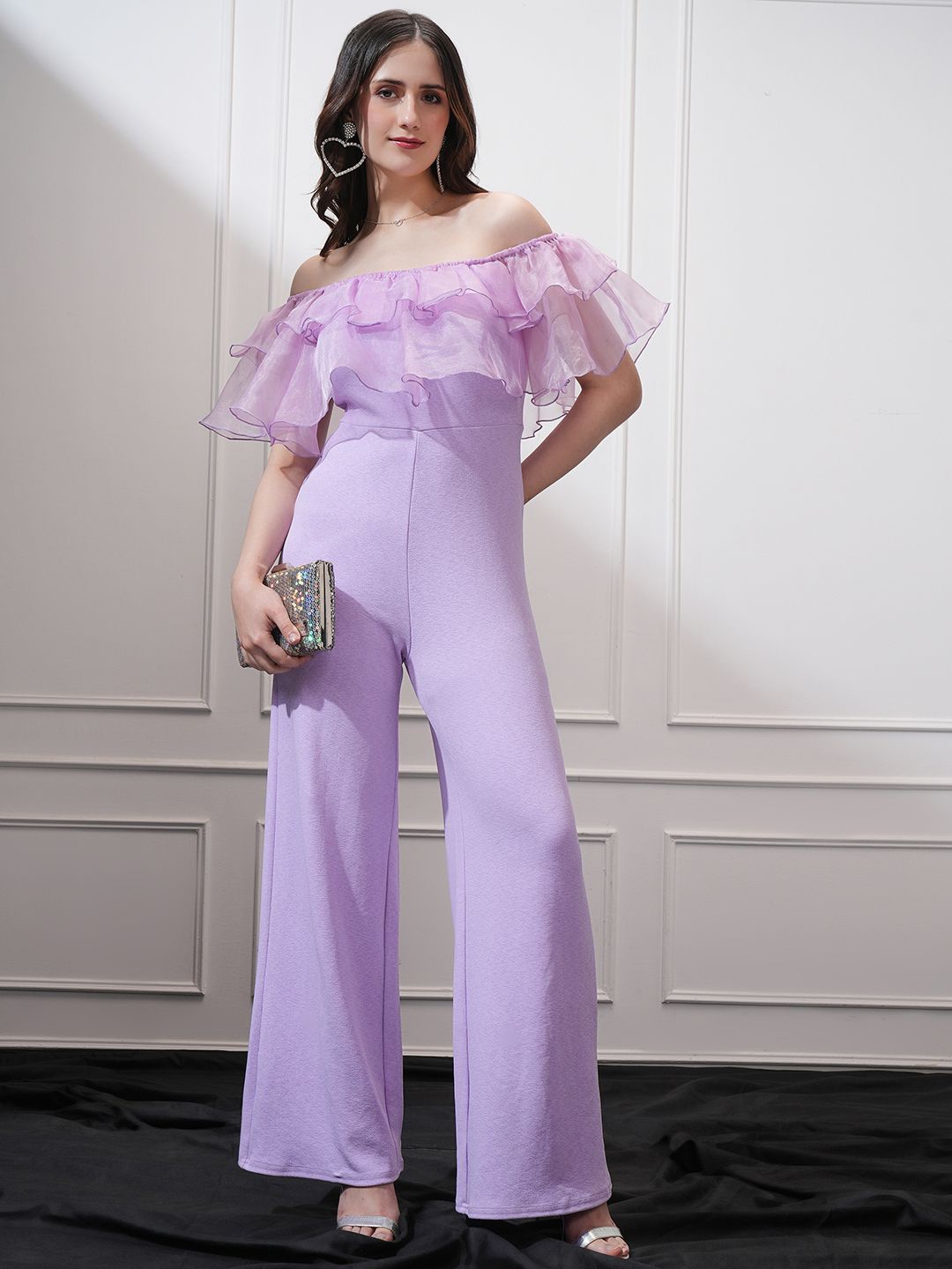

Tokyo Talkies Women Shoulder Ruffled Front Wide Leg Jumpsuit, Purple