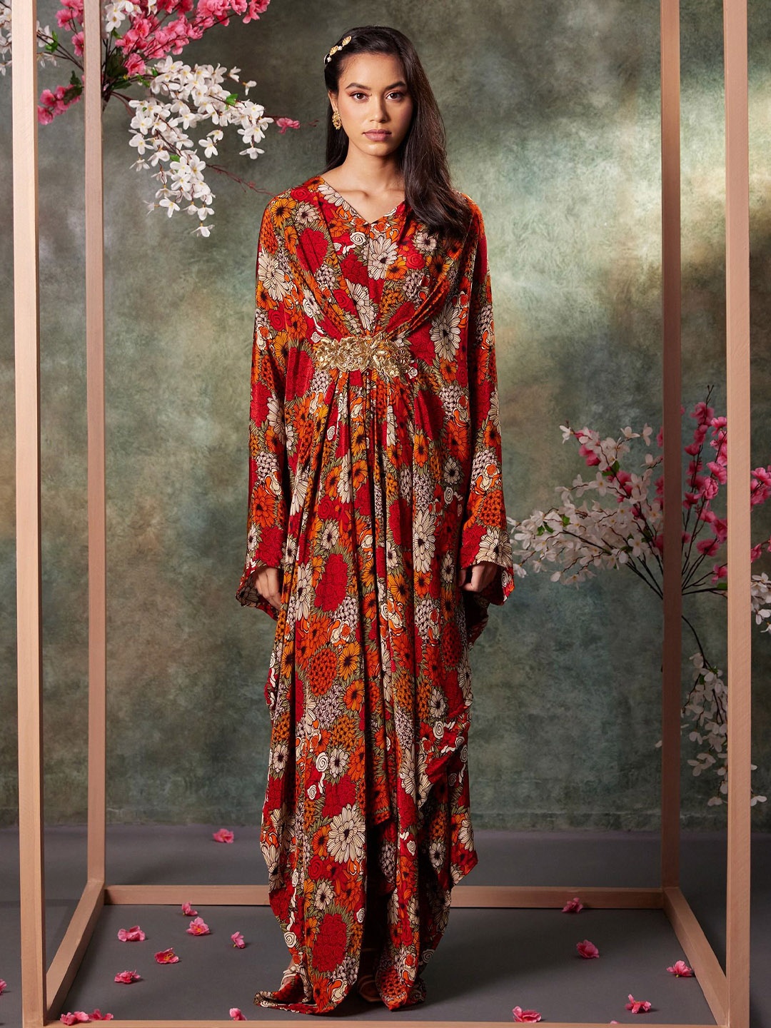 

Mehak Murpana Floral Printed Batwing Sleeves Crepe Kaftan Dress, Orange