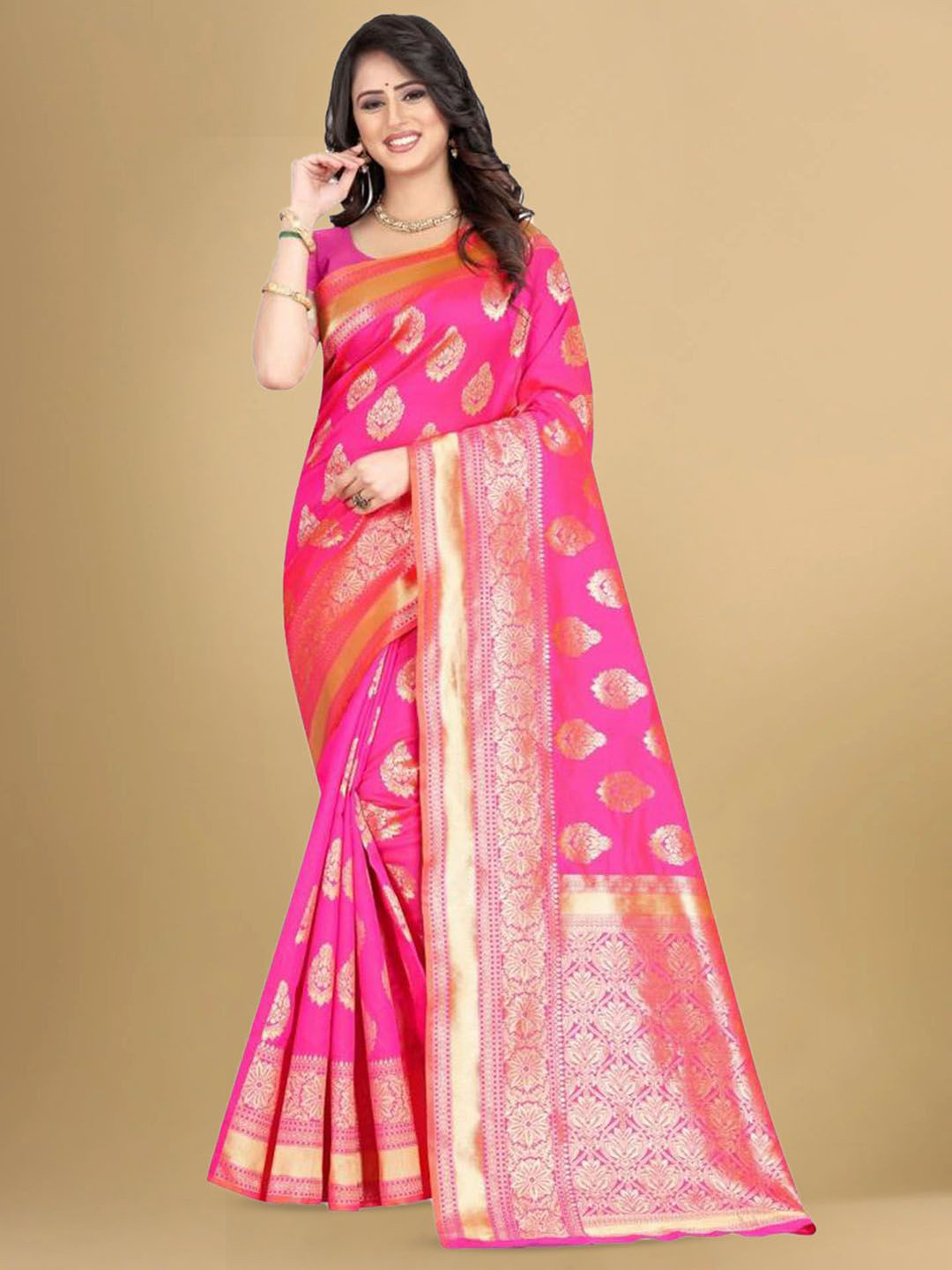 

KALINI Ethnic Motifs Woven Design Zari Banarasi Saree, Pink