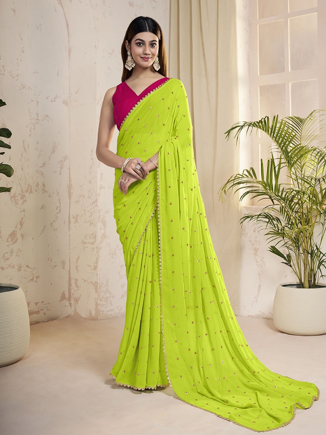 

Inddus Floral Sequinned Saree, Lime green