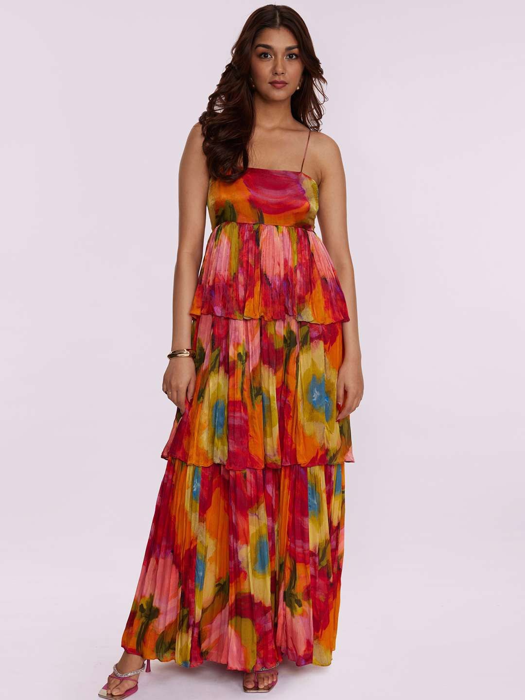 

Poppi Cerise Printed Ruffled Maxi Dress, Red