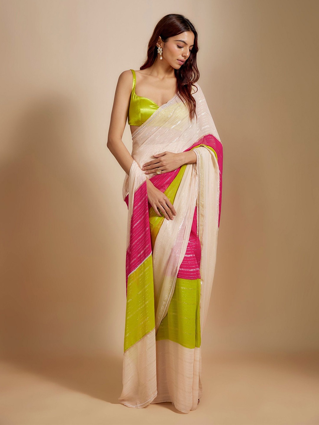 

A TO Z CART Embellished Beads and Stones Pure Georgette Saree, White