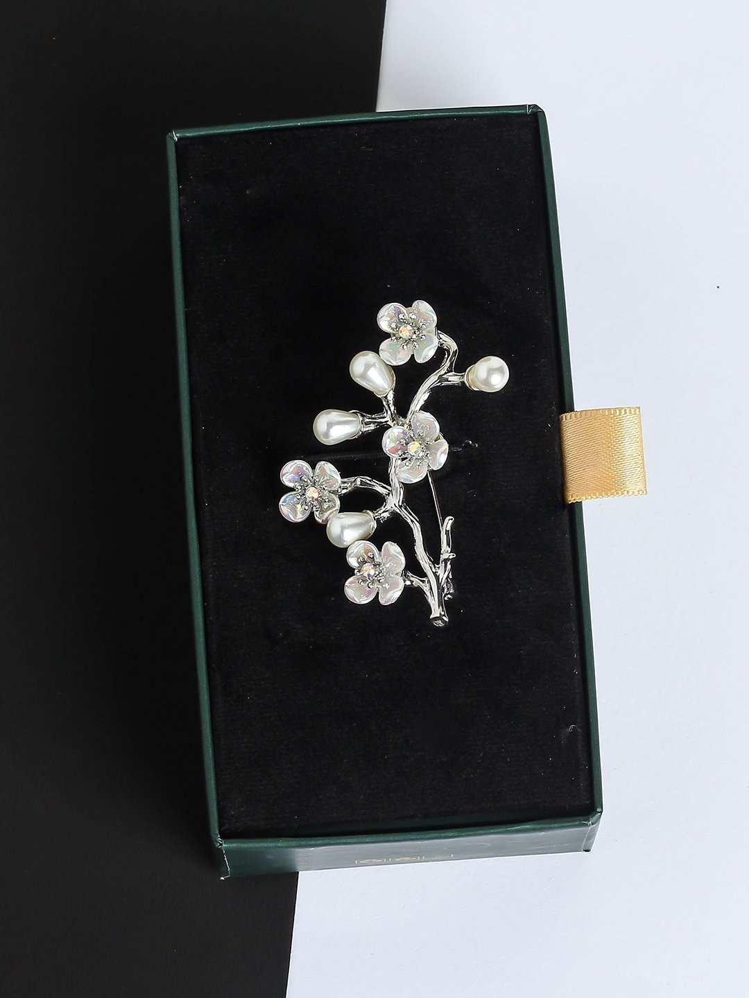

Tossido Men Artificial Stone Studded & Beaded Floral Branch Brooch, Silver