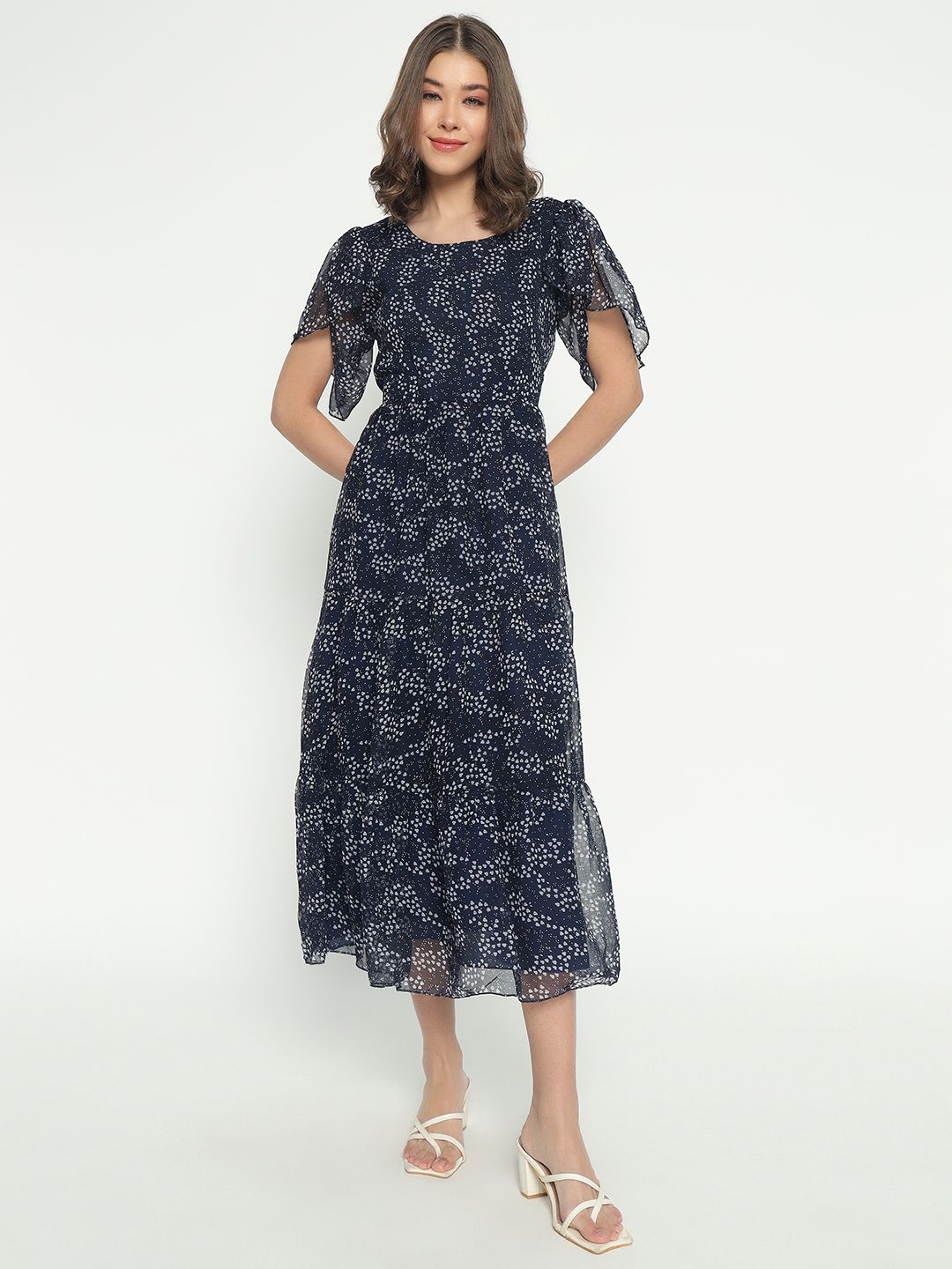 

Femvy Women Floral Printed Flared Sleeves Fit & Flare Midi Dress, Blue