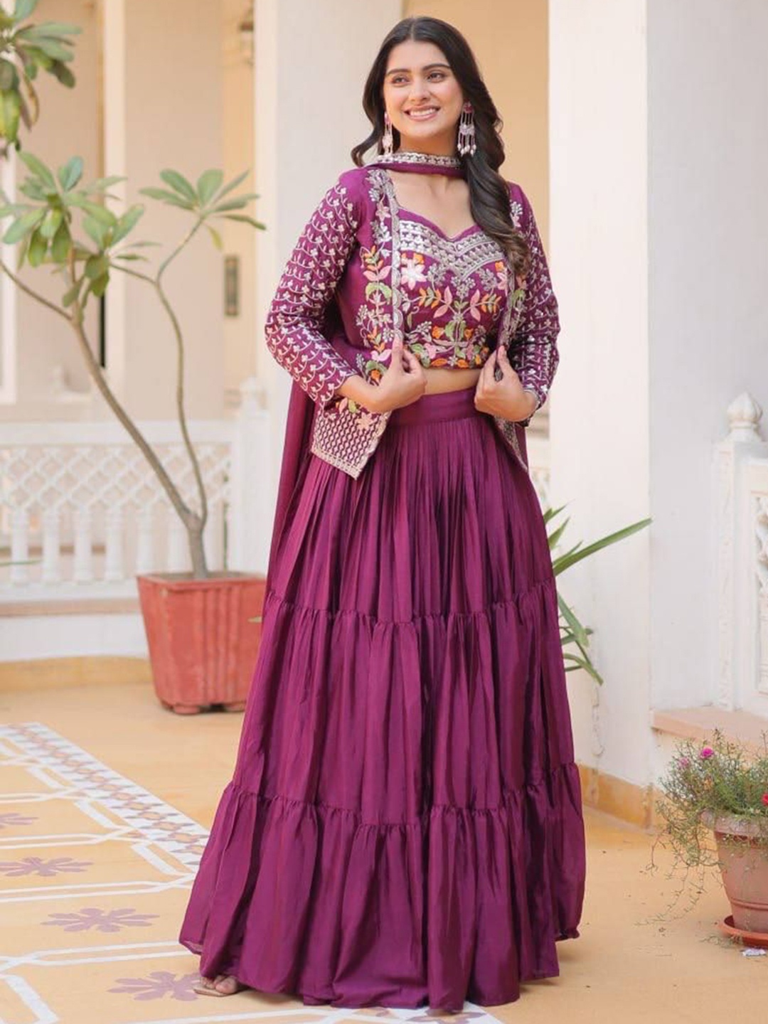 

KALINI Embroidered Thread Work Ready to Wear Lehenga & Blouse With Dupatta, Pink