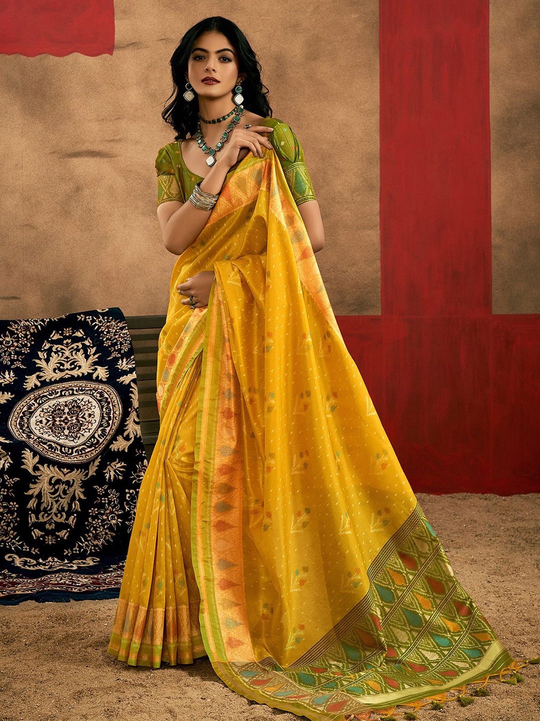 

elora Ethnic Motifs Zari Patola Saree, Yellow