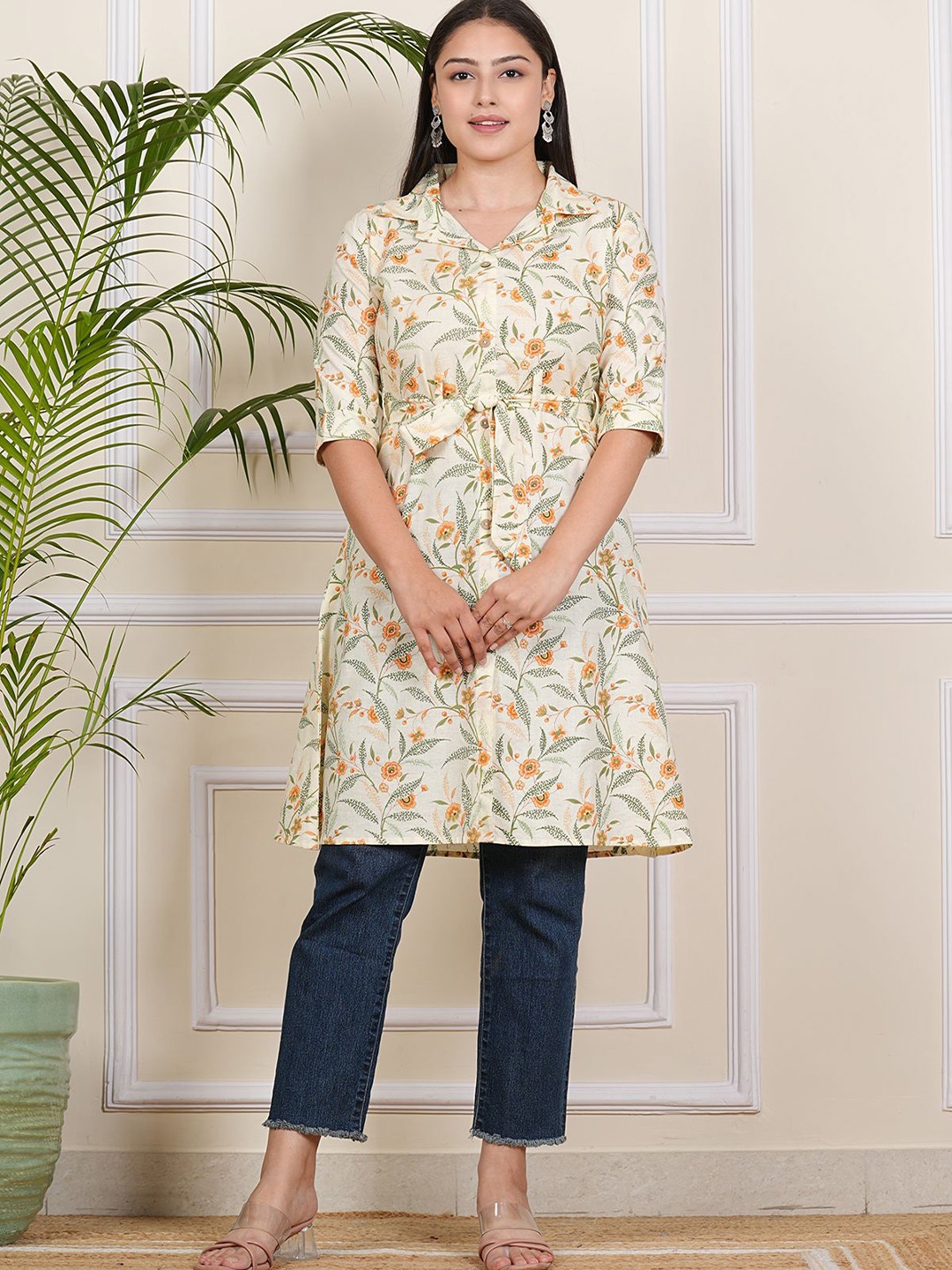 

Be You Floral Printed Pure Cotton A-Line Kurta, Cream