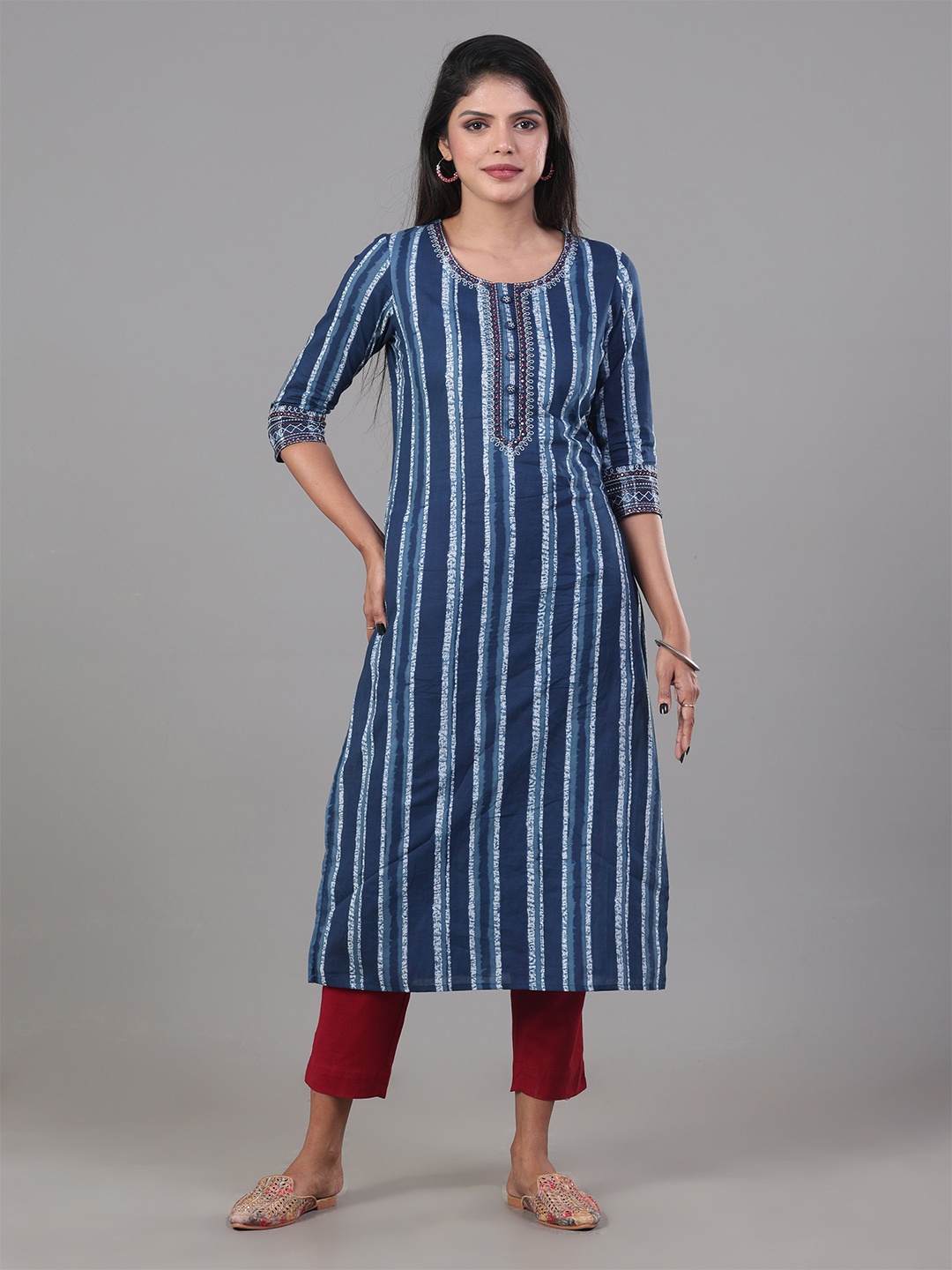 

Vismay Embroidered Striped Cotton Round Neck Kurtas, Blue