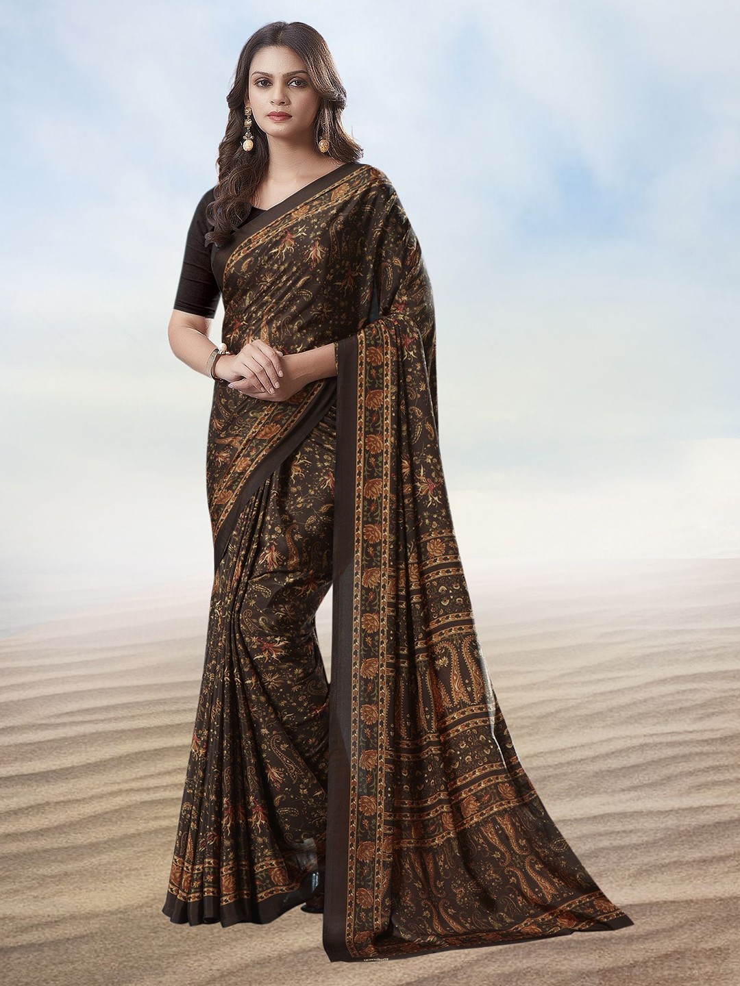 

Kasak Floral Printed Pure Crepe Saree, Brown