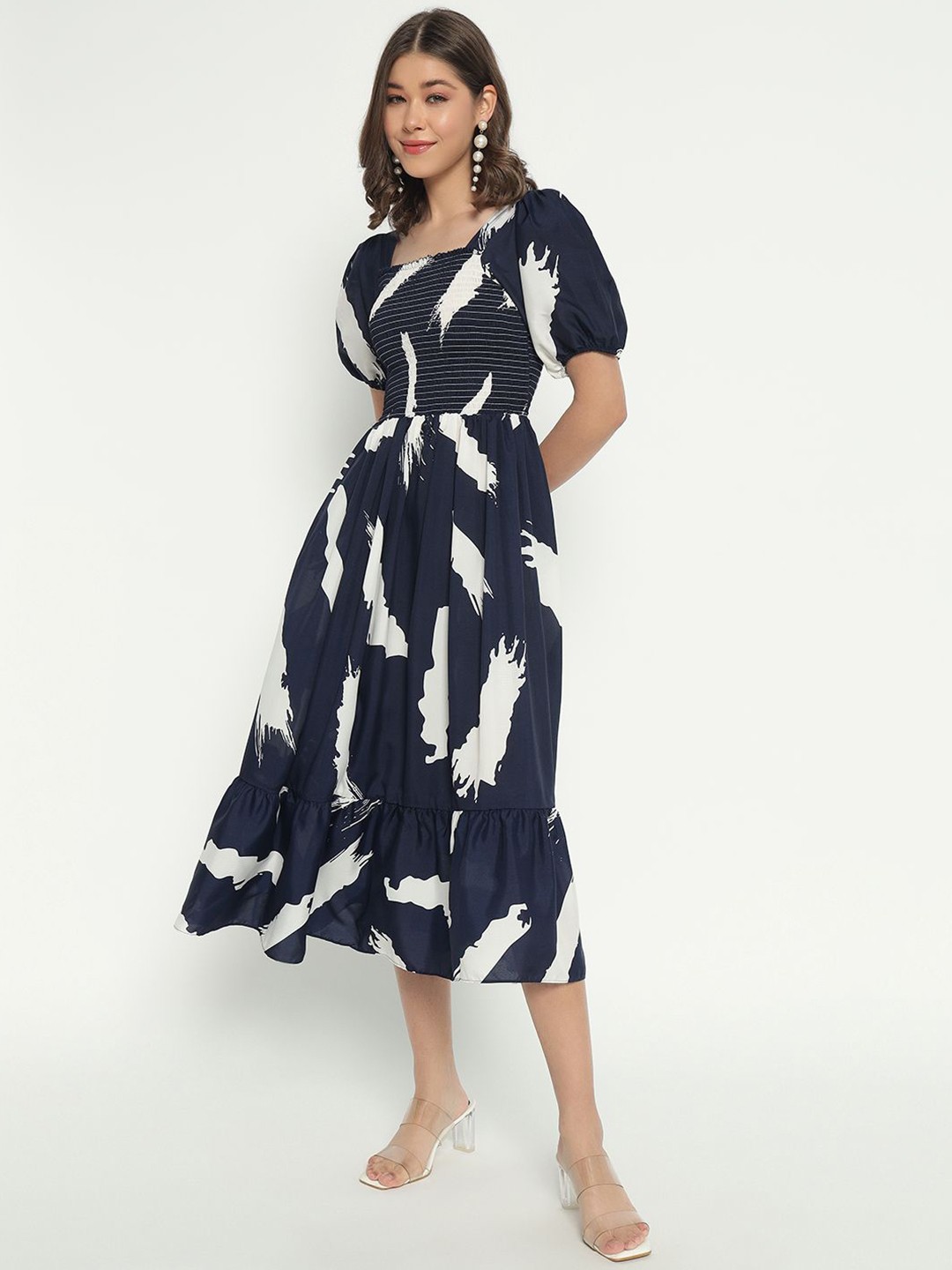 

Femvy Women Abstract Printed Fit & Flare Dress, Navy blue