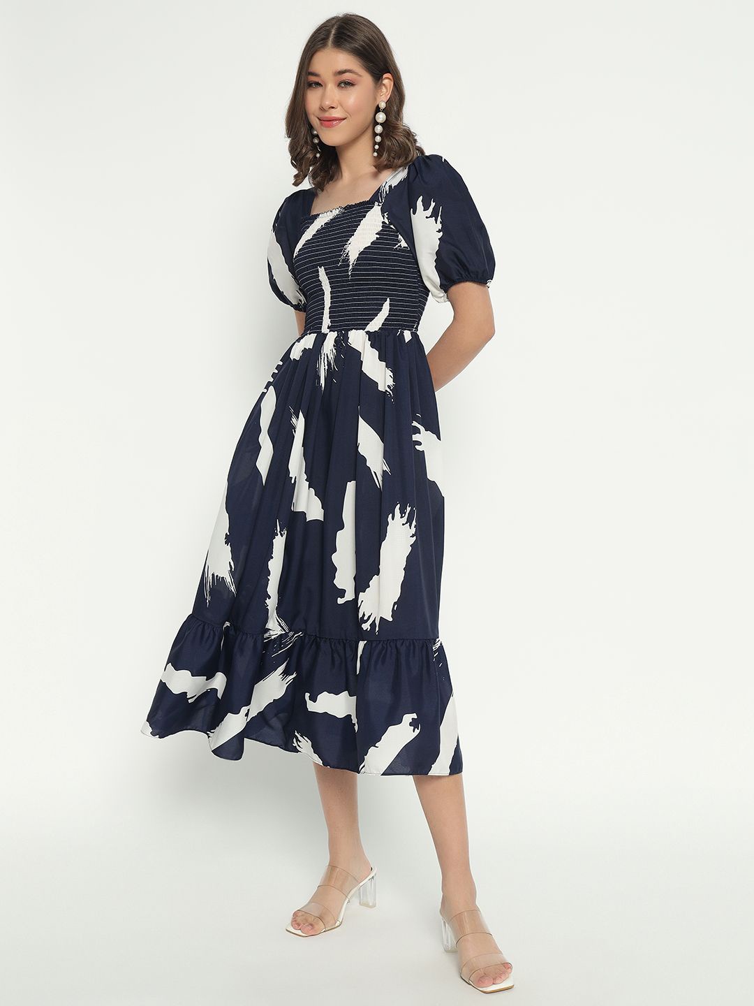

Krunal Raiyani Women Printed Fit & Flare Midi Dress, Navy blue