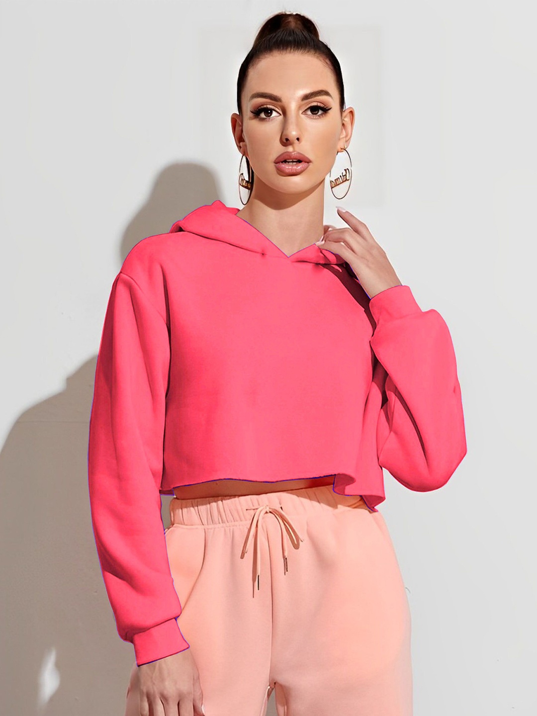 

kintu parantu Women Hooded Crop Sweatshirt, Pink