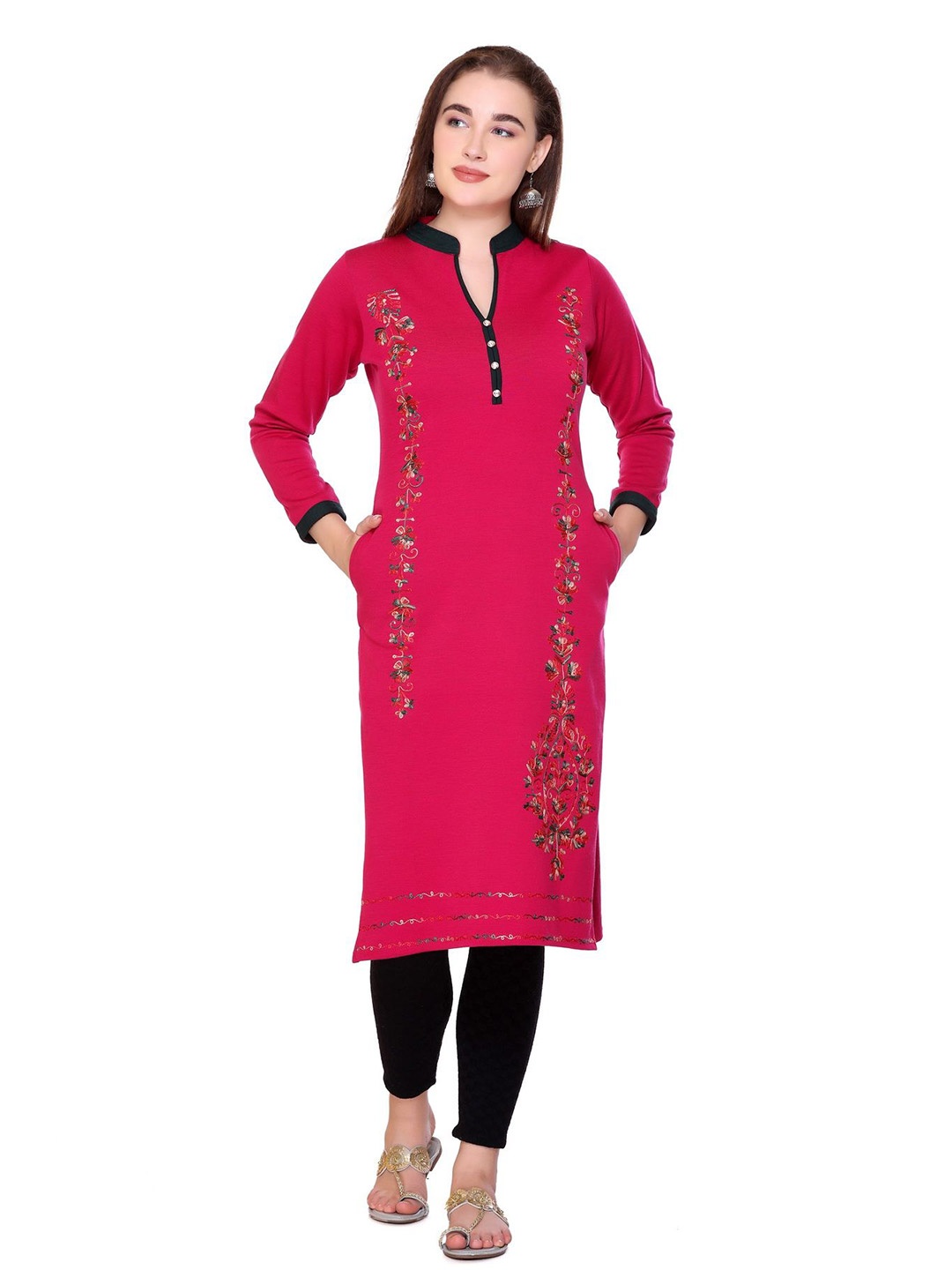 

ROSARY Winter Floral Embroidered Thread Work Woollen Kurta, Pink