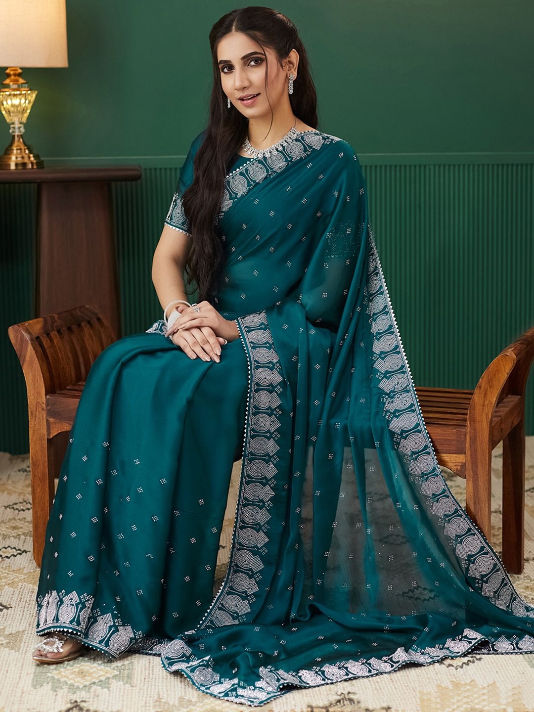 

Satrani Embellished Beads and Stones Pure Georgette Saree, Teal