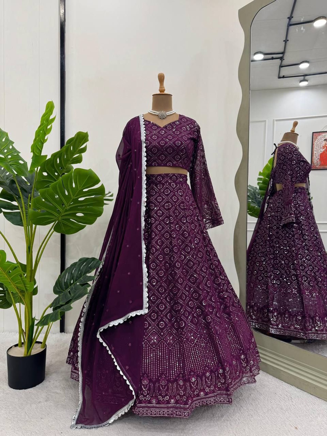 

VILLE FASHION Embroidered Sequinned Semi-Stitched Lehenga & Unstitched Blouse With Dupatta, Purple