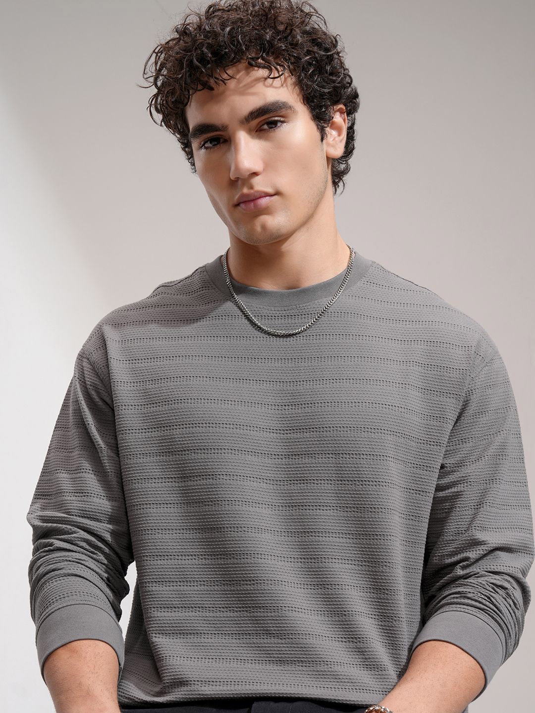 

HIGHLANDER Men Knitted Textured Striped Dropshoulder Relaxed Sweatshirt, Grey