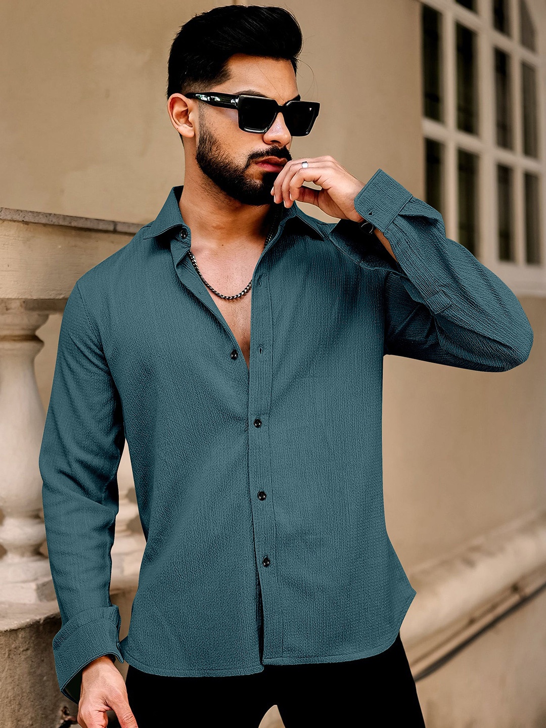 

KHUSHI CREATION Men Original Spread Collar Textured Casual Shirt, Teal