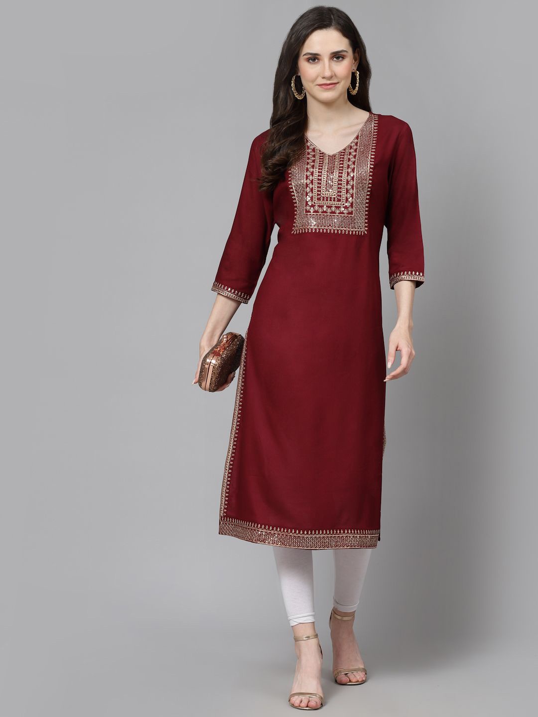 

His&Her Embroidered V Neck Kurta, Maroon