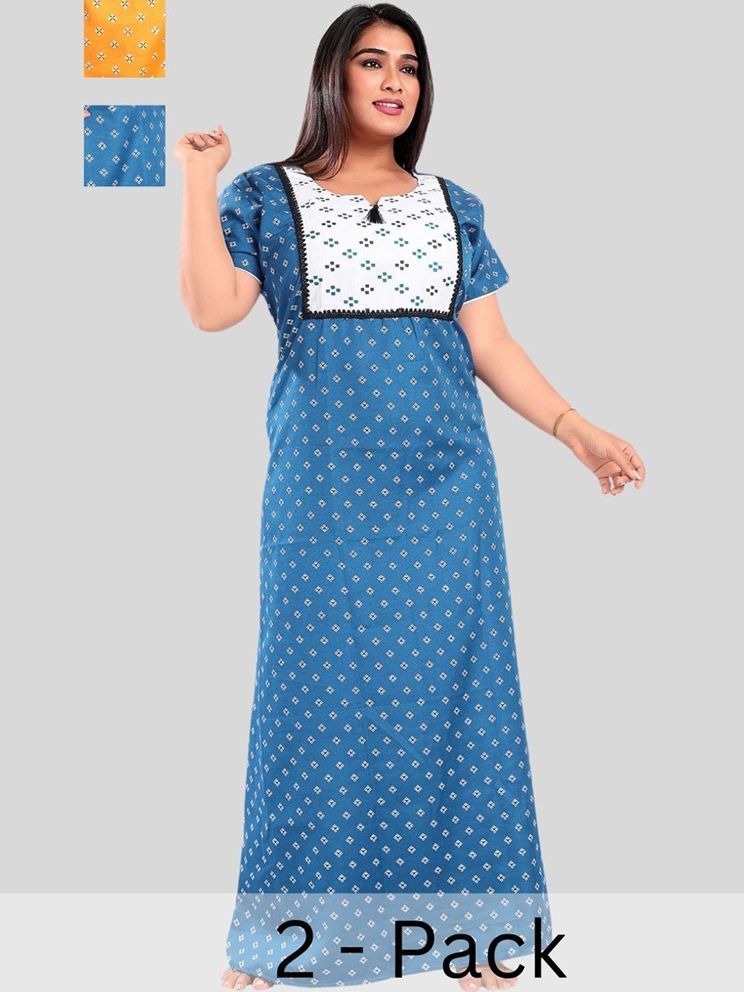 

Fabme Women Pack of 2 Printed Maxi Nightdress, Blue