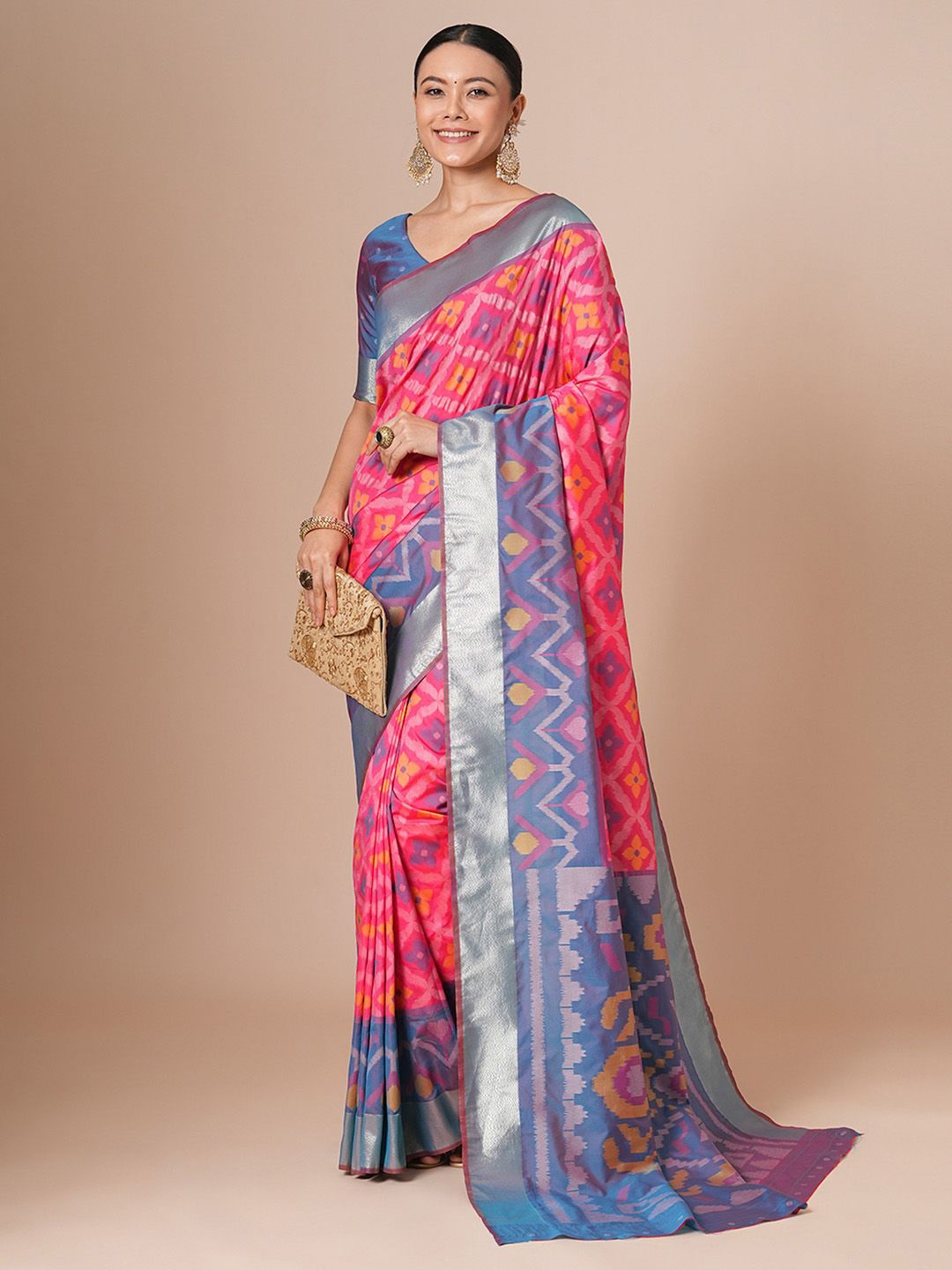 

House of Pataudi Woven Design Pochampally Saree With Blouse Piece, Pink