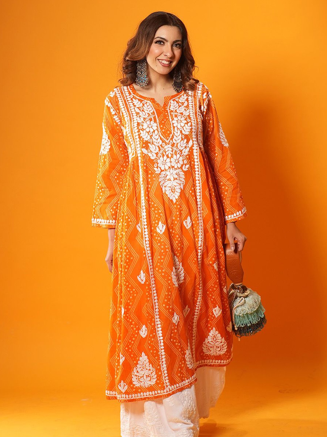 

House Of Chikankari Women's Woven Chikankari Mulmul Kurta, Orange