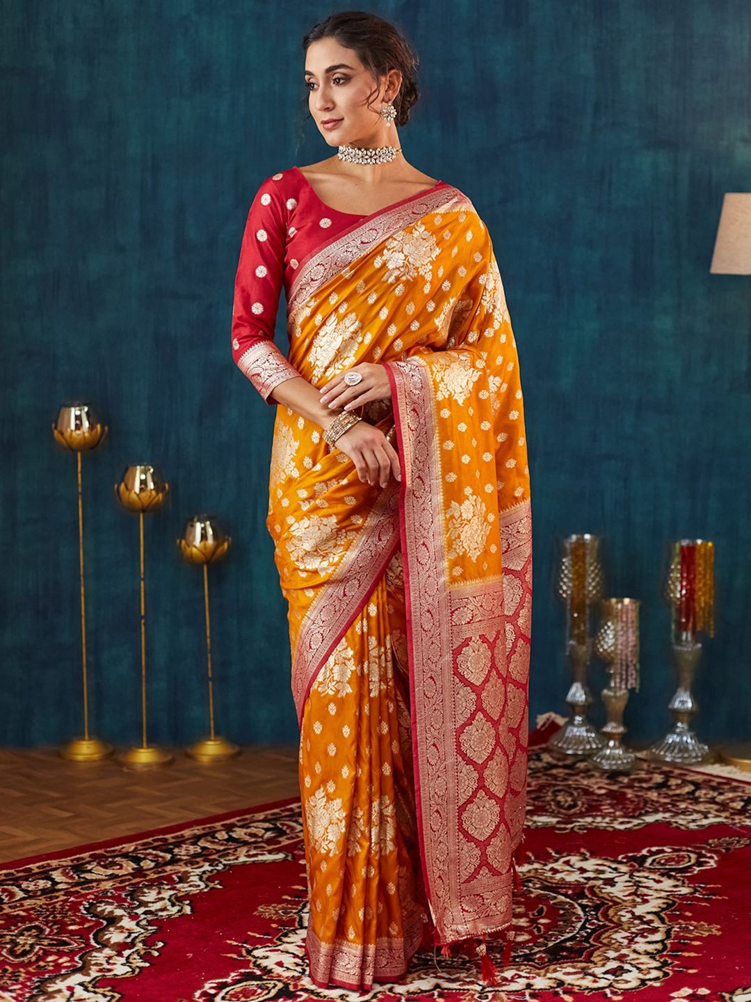 

Satrani Woven Design Zari Pure Silk Banarasi Saree, Orange