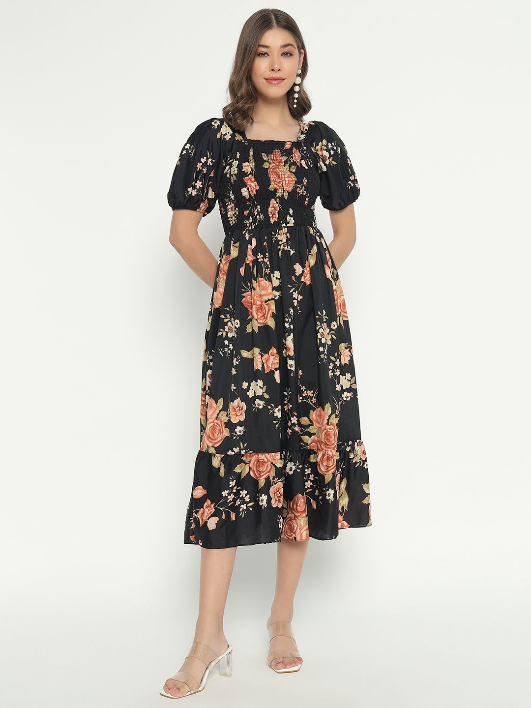 

Raiyani Enterprise Women Floral Printed Puff Sleeves Fit & Flare Midi Dress, Black