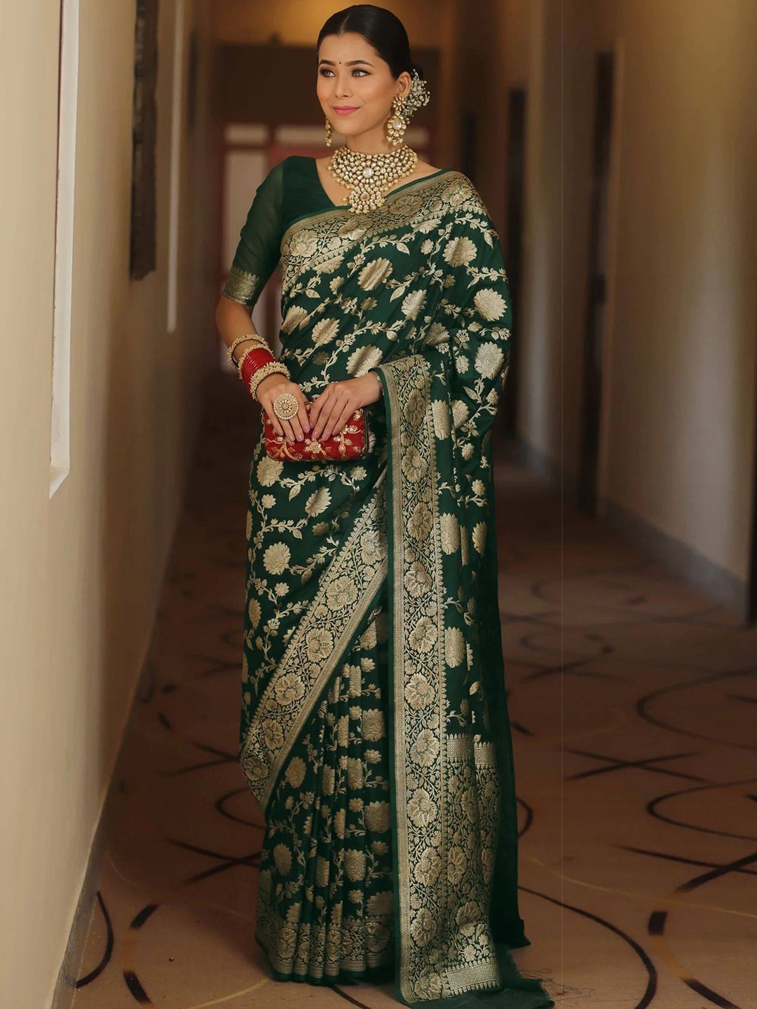 

KALINI Ethnic Motifs Zari Banarasi Saree, Green