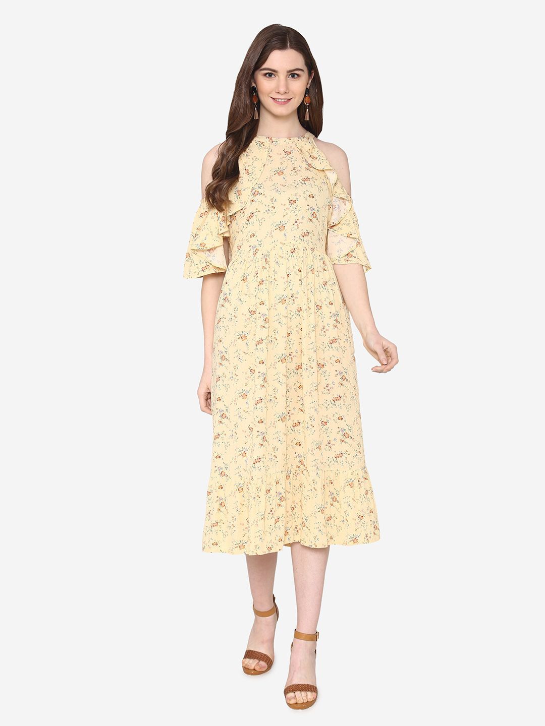 

VEGAL Women Printed Halter Neck Cold-Shoulder Sleeves Fit & Flare Dress, Yellow