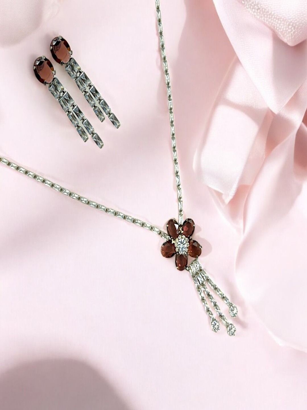

AcessHer Brass-Plated American-Diamond Studded Necklace and Earrings, Silver