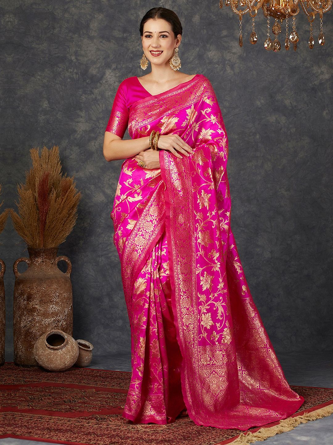 

KALINI Floral Zari Woven Design Banarasi Saree, Pink