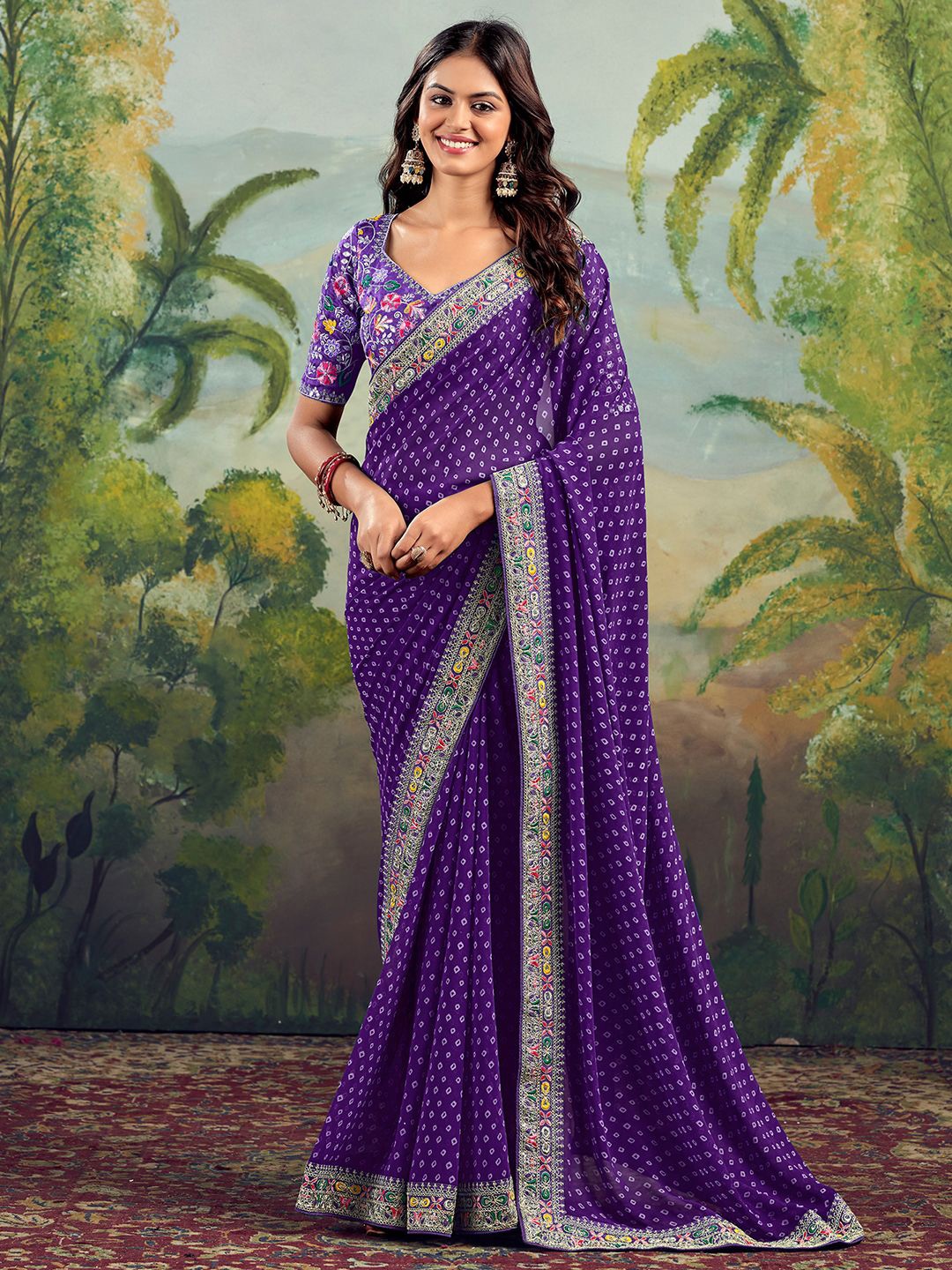 

Satrani Women Bandhani Embroidered Pure Georgette Saree, Violet