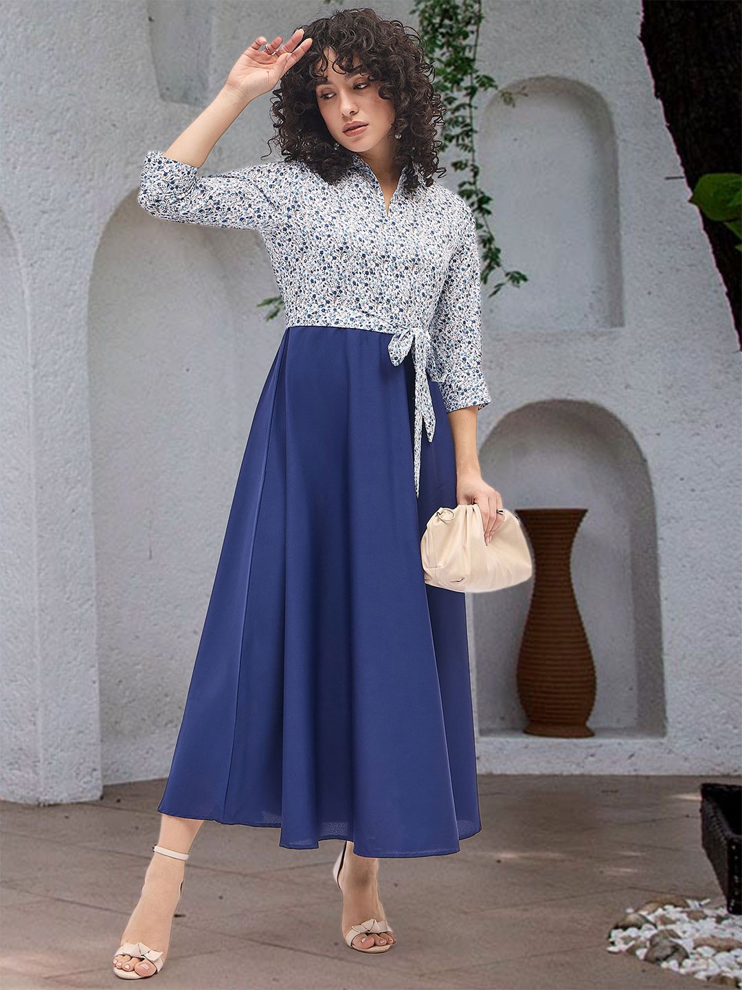 

DressBerry Floral Print Crepe A-Line Midi Dress, Navy blue